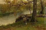 Watering Canvas Paintings - Sheep Watering by a River